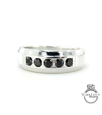 Mens Black Diamond Wedding Ring | White Gold Mens Wedding Band | Round Cut Black Spinel Band | 14k/18k Gold/Platinum Ring |His Wedding Band
