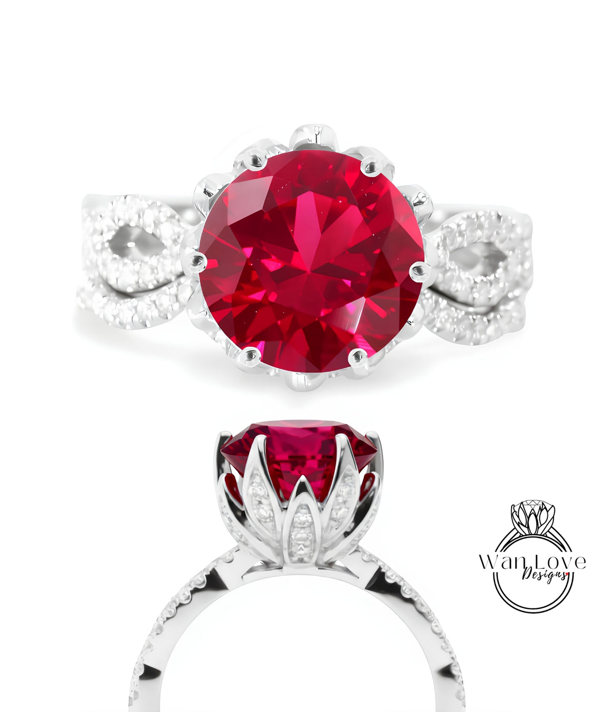 a stunning red gemstone ring with a large, round-cut gemstone set in a silver band adorned with small diamonds.