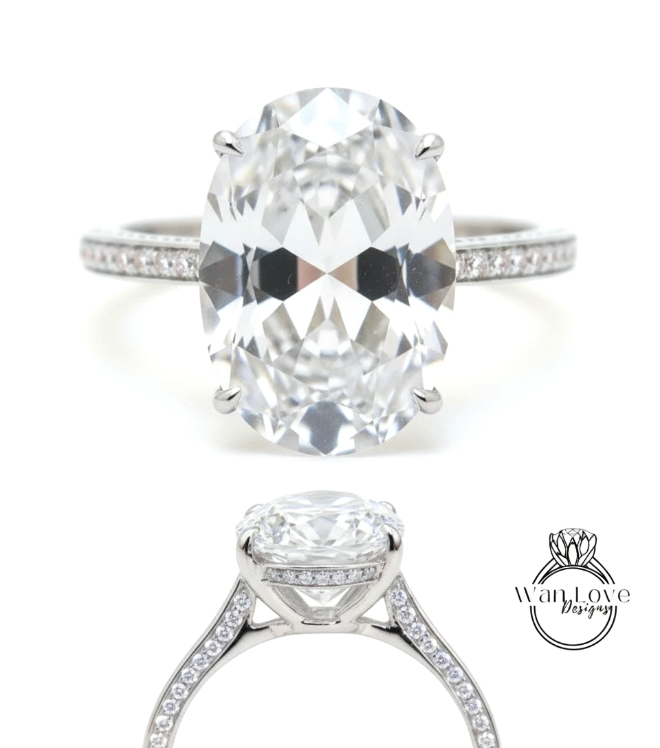 White Sapphire & Diamond Oval side halo 3 sided Almost eternity shank band Engagement Ring 14k/18k Rose White Gold, Celebrity Elongated Oval Bridal wedding Ring, Anniversary Gift