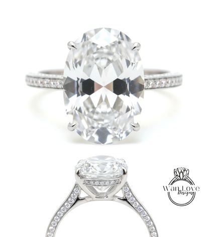 White Sapphire & Diamond Oval side halo 3 sided Almost eternity shank band Engagement Ring 14k/18k Rose White Gold, Celebrity Elongated Oval Bridal wedding Ring, Anniversary Gift