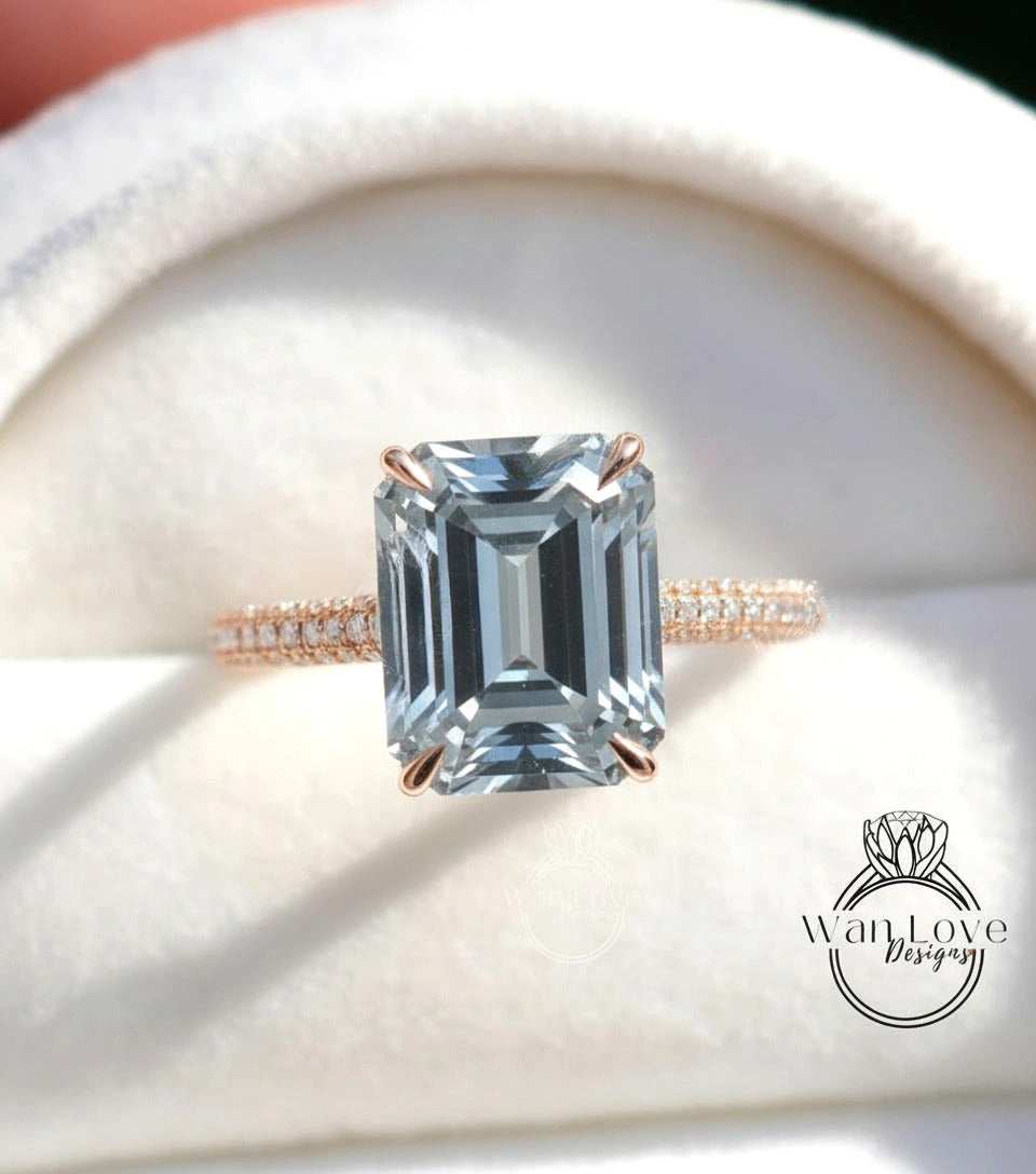 Emerald Gray Moissanite Engagement Ring, Celebrity style Ring, Diamonds Side Hidden Halo Wedding Ring, Emerald shape Ring, Anniversary Gift Wan Love Designs