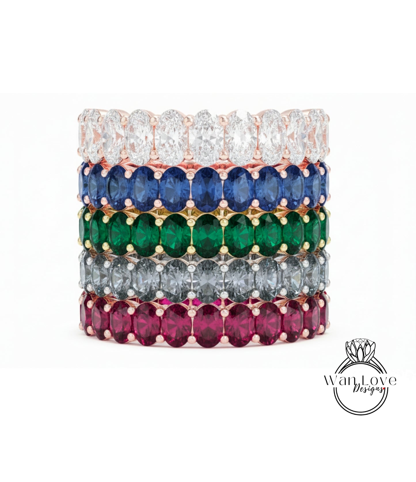 A stack of colorful rings with various gemstones, including diamonds and gemstones in different colors.