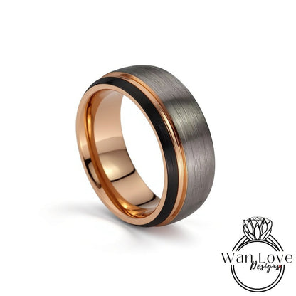 Brushed Tungsten Ring with Black & Rose Gold - Mens Brushed Silver Wedding Band - Rose gold stripe Ring, Mens 8mm Ring,Tungsten Wedding Ring Wan Love Designs