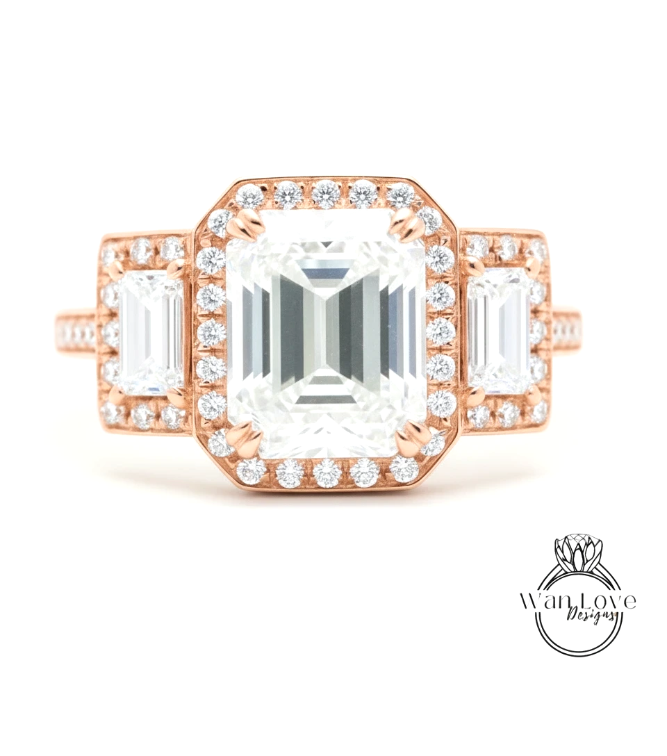 A close-up of a beautiful engagement ring with a large central diamond surrounded by smaller diamonds on the sides.