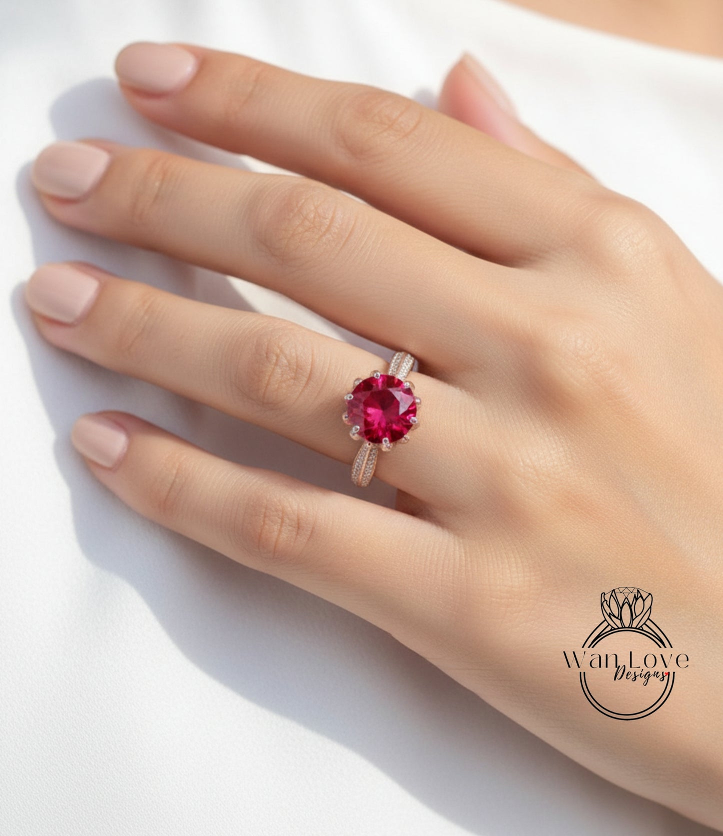 A close-up of a person's hand wearing a large, red gemstone ring on the ring finger.