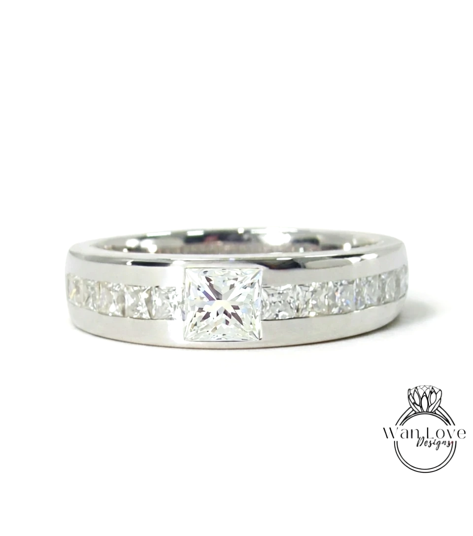 Mens Diamond Ring | Mens Engagement Ring | Mens Princess Cut Moissanite Diamond | White Gold Birthstone Wedding Ring | Mens Rose Gold Ring