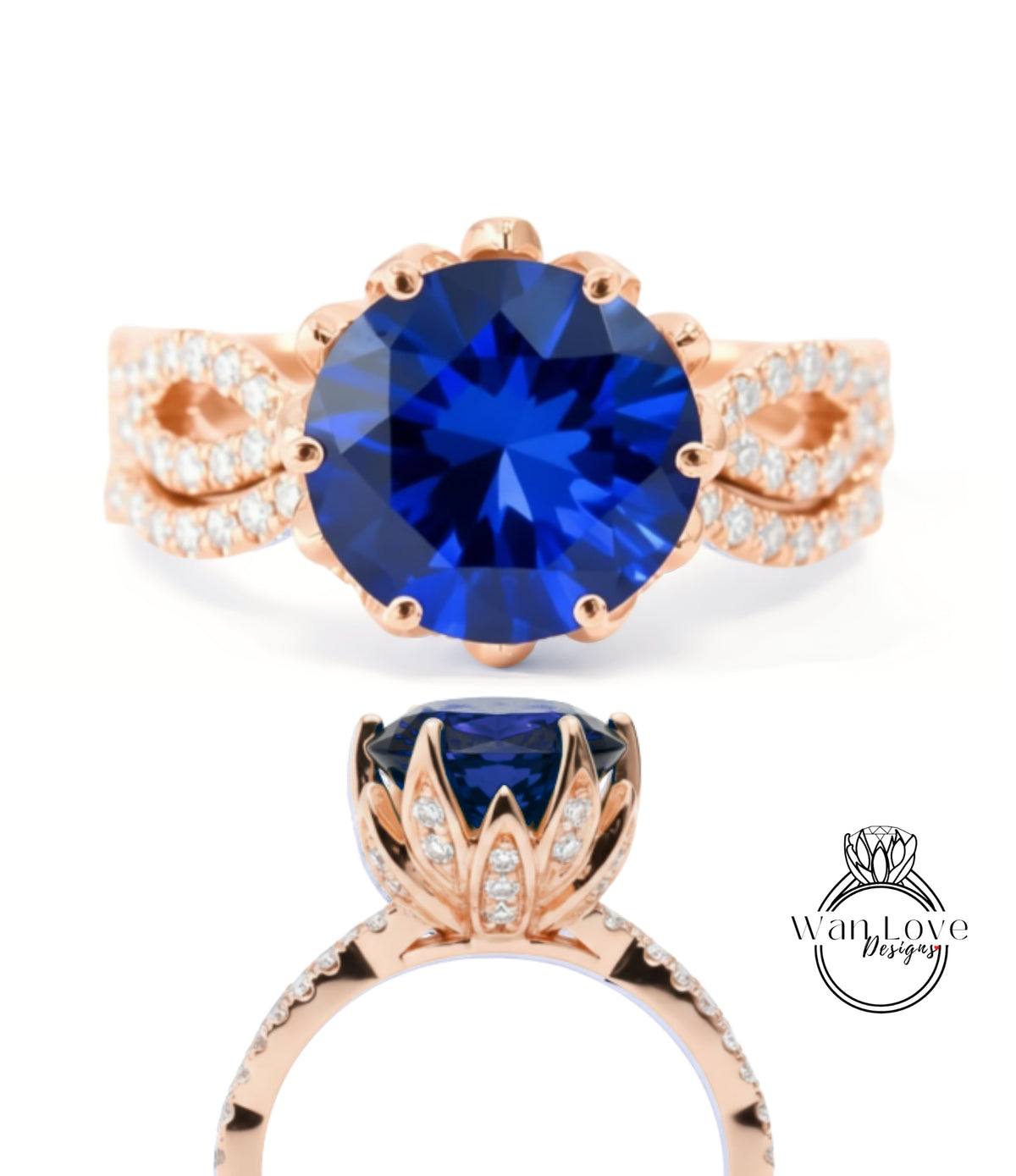 a beautiful blue gemstone ring with a large blue gemstone set in a rose gold band adorned with small diamonds.