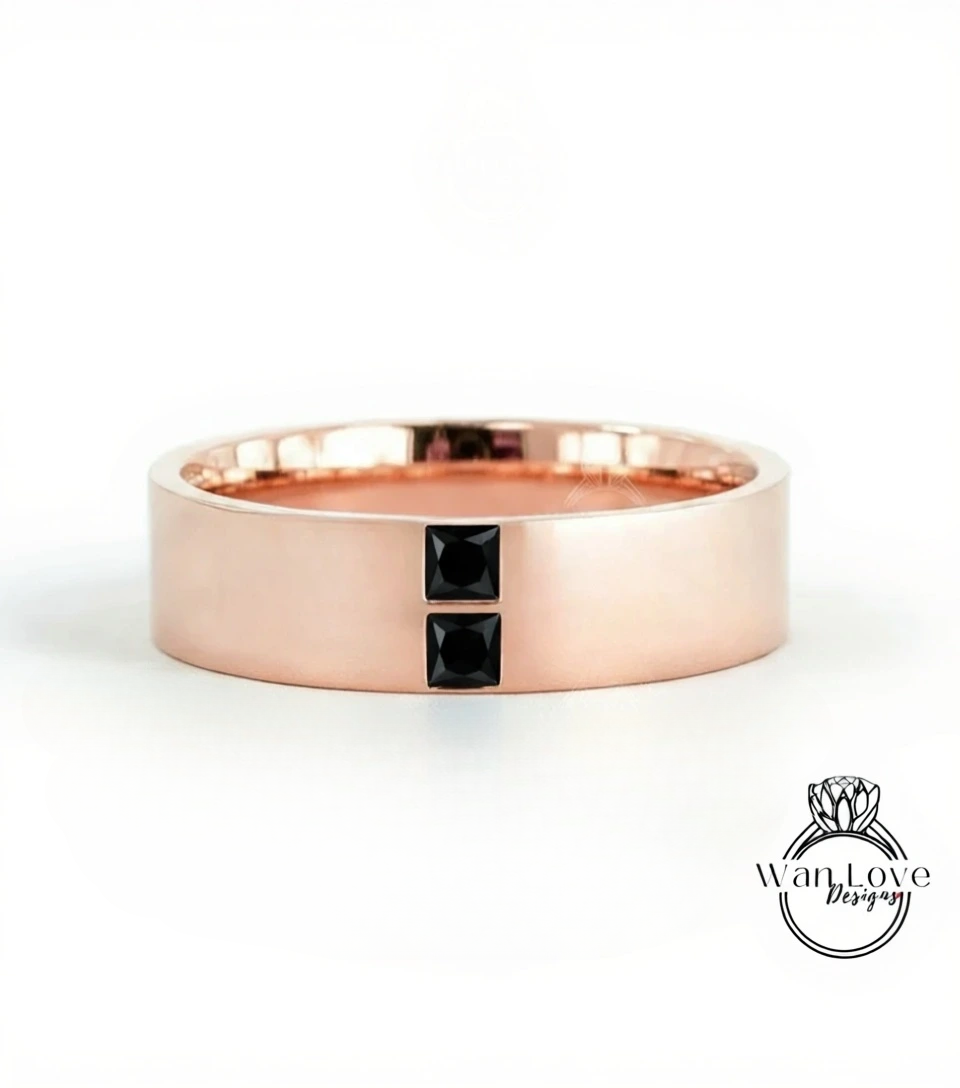 Mens Emerald Wedding Ring | Solid Rose Gold Mens Wedding Band | Princess Cut Diamond Band | Green Emerald Square Ring | His Birthstone Band