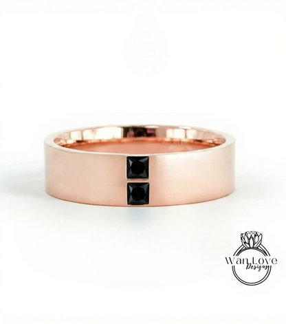 Mens Emerald Wedding Ring | Solid Rose Gold Mens Wedding Band | Princess Cut Diamond Band | Green Emerald Square Ring | His Birthstone Band