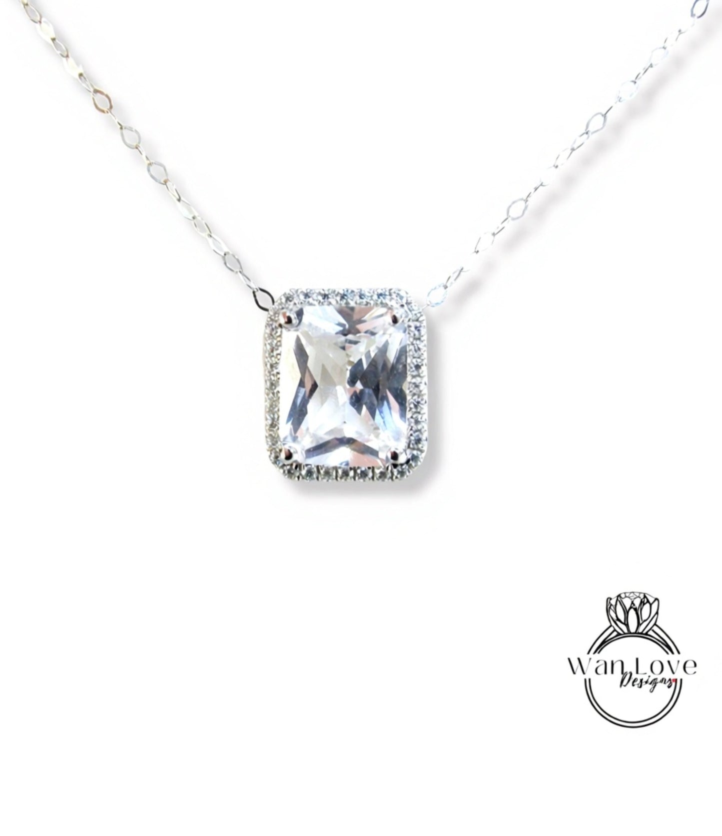 White Sapphire Emerald Halo Pendant art deco necklace East West Vertical Halo Charm 4ct emerald halo wedding anniversary gift for her Ready