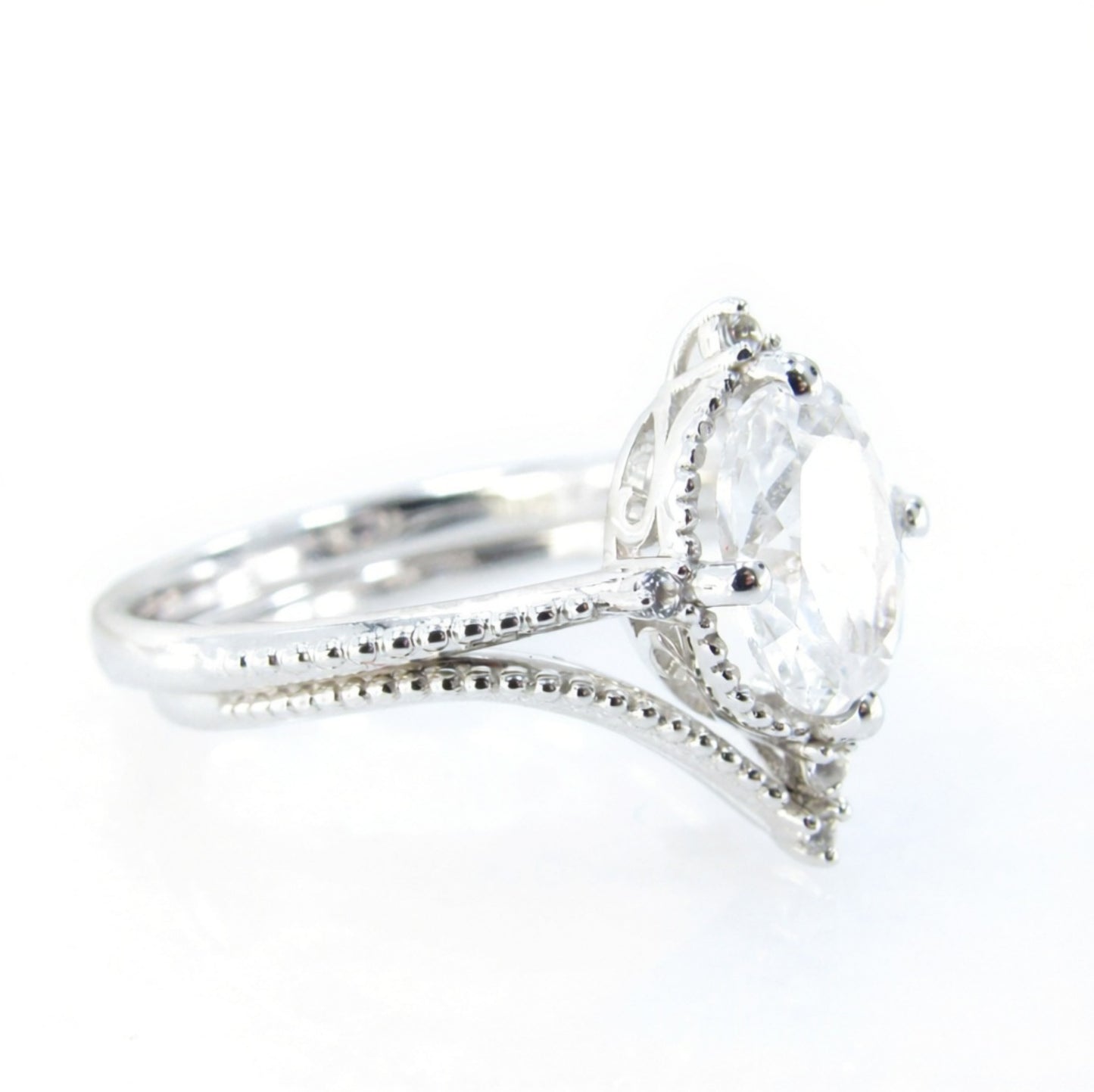 Oval White Sapphire engagement ring set vintage unique white gold engagement ring women Milgrain ring wedding Bridal Promise, Ready to Ship Wan Love Designs