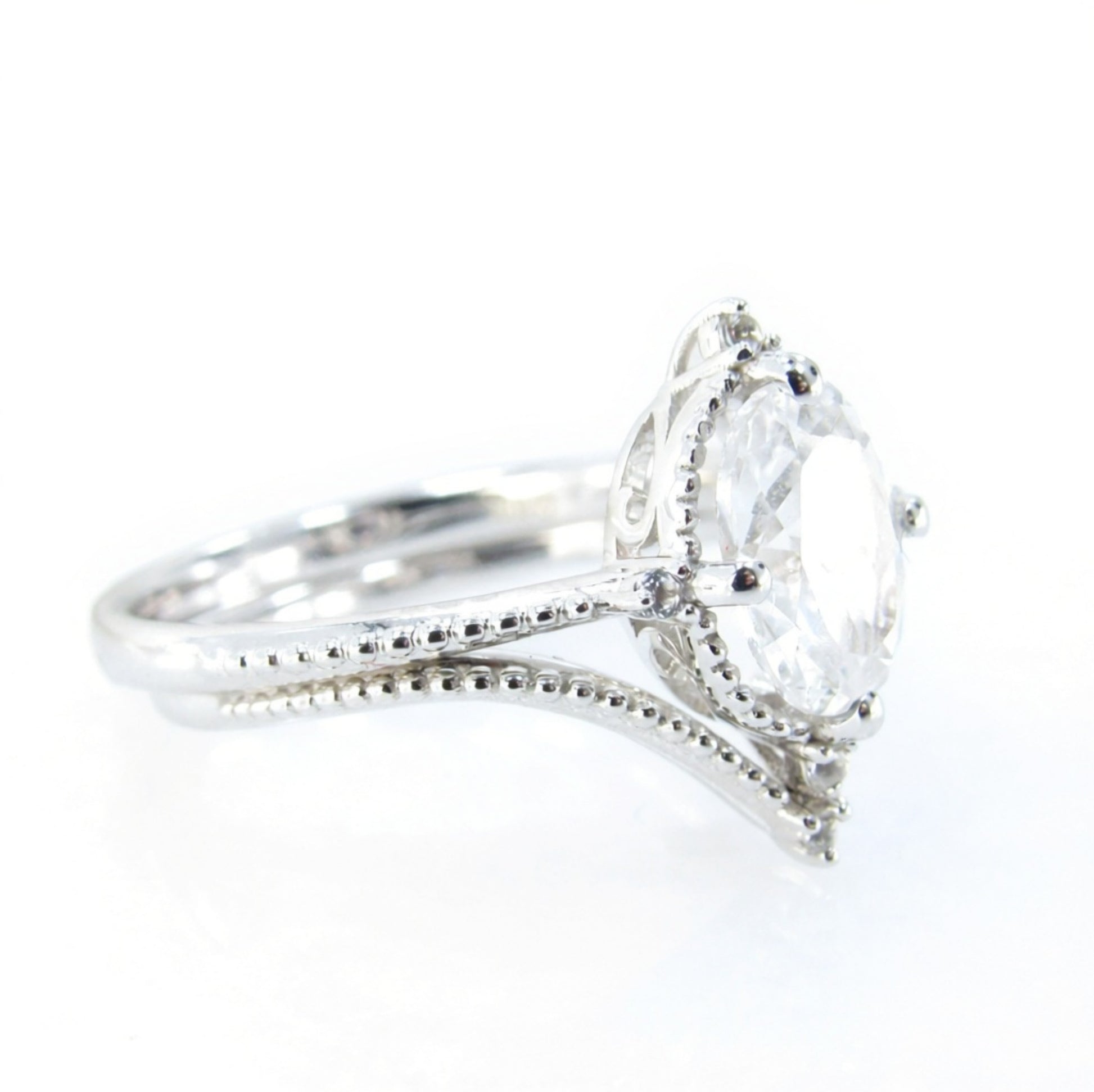 Oval White Sapphire engagement ring set vintage unique white gold engagement ring women Milgrain ring wedding Bridal Promise, Ready to Ship Wan Love Designs