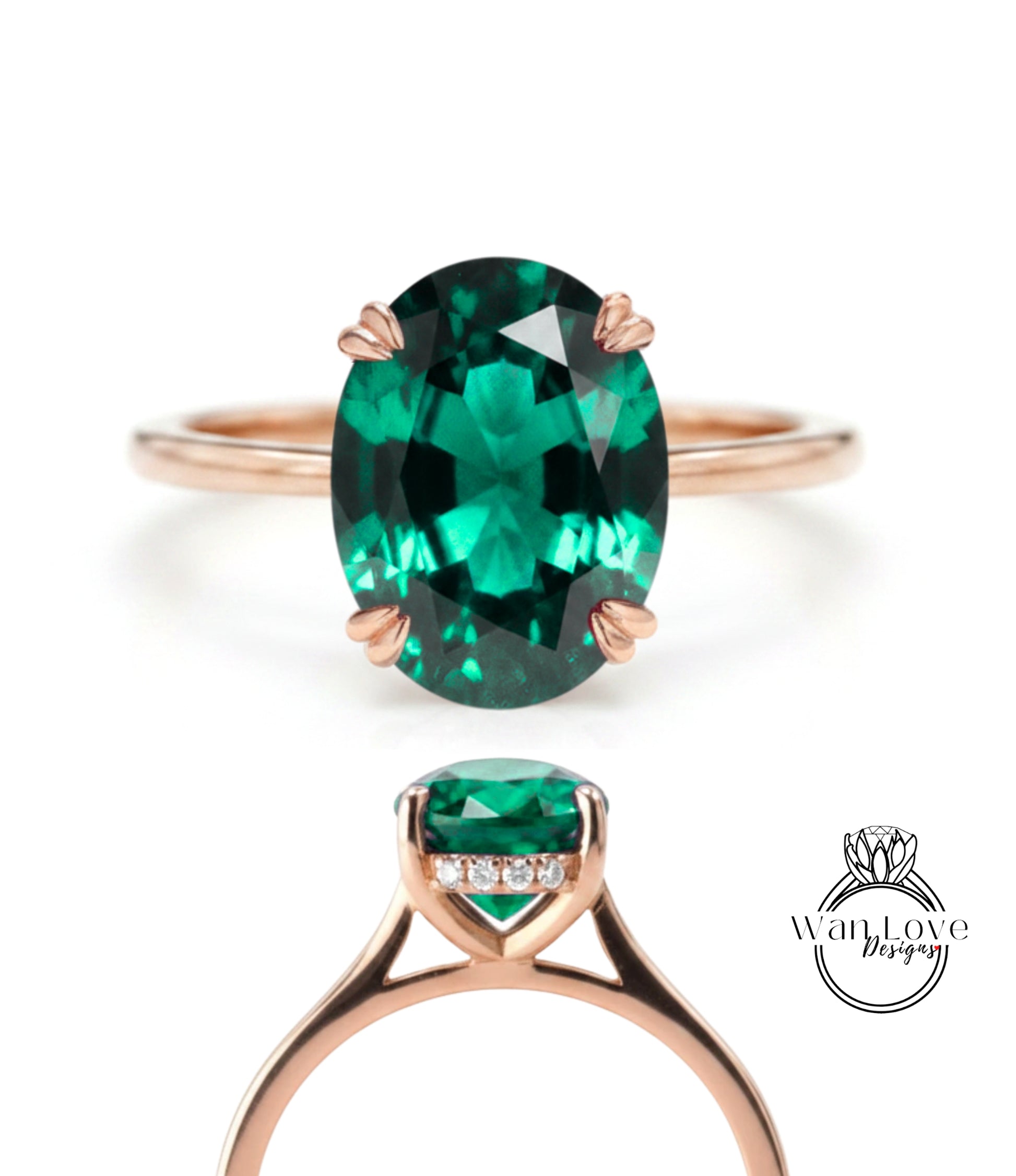 a rose gold ring with a large oval-shaped green gemstone set in the center.