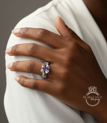 A close-up of a person's hand wearing a ring with a large purple gemstone.