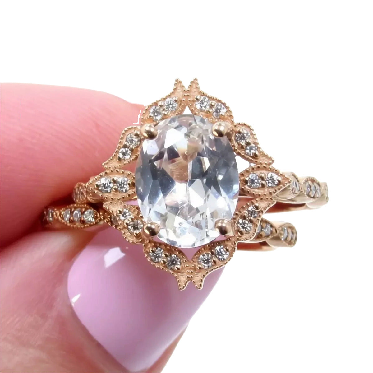 White Sapphire vintage engagement ring set Rose gold moissanite halo ring Antique almost eternity matching wedding band Bridal Promise Ready