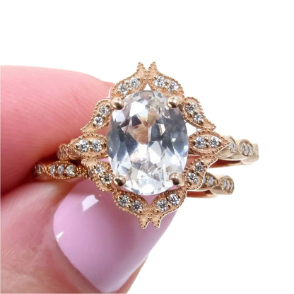White Sapphire vintage engagement ring set Rose gold moissanite halo ring Antique almost eternity matching wedding band Bridal Promise Ready