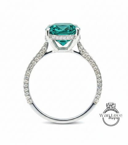 Teal Blue Green Moissanite & Diamond Oval side halo 3 sided Almost eternity shank band Engagement Ring 14k/18k Rose White Gold, Celebrity Elongated Oval Bridal wedding Ring, Anniversary Gift