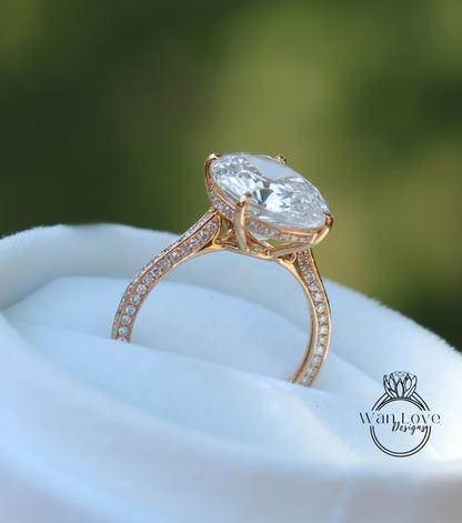 Diamond Oval side halo 3 sided Almost eternity shank band Engagement Ring 14k/18k Rose White Gold, Celebrity Elongated Oval Bridal wedding Ring, Anniversary Gift