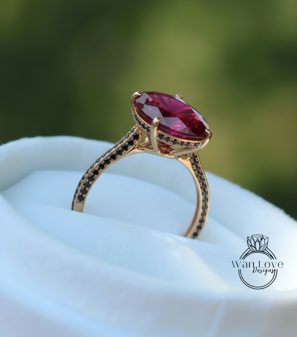 Celebrity style engagement ring 9ct Oval Ruby hidden halo ring 14k gold almost eternity band black diamond bridal ring Promise Anniversary