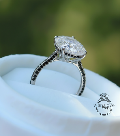 White Sapphire & Black Spinel Oval side halo Engagement Ring Celebrity style 9ct 15x10mm Wedding Bridal Ring Anniversary gift-Ready to Ship