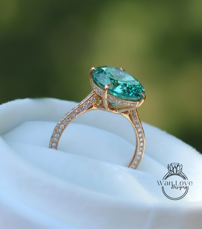 Teal Blue Green Moissanite & Diamond Oval side halo 3 sided Almost eternity shank band Engagement Ring 14k/18k Rose White Gold, Celebrity Elongated Oval Bridal wedding Ring, Anniversary Gift