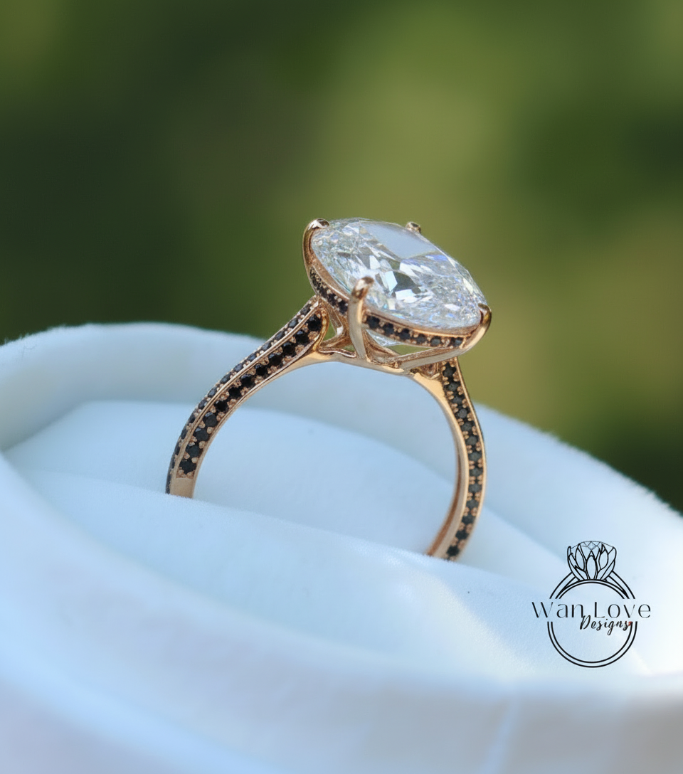 Anello di fidanzamento stile celebrità Anello ovale con rubino nascosto da 9 ct Anello in oro 14k quasi eternità Anello da sposa con diamante nero Promessa Anniversario