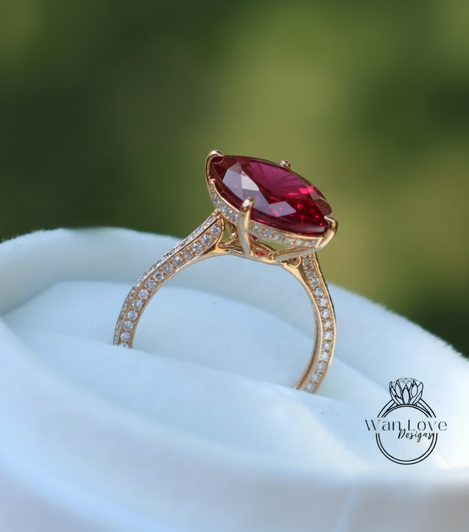 Ruby & Diamond Oval side halo 3 sided Almost eternity shank band Engagement Ring 14k/18k Rose White Gold, Celebrity Elongated Oval Bridal wedding Ring, Anniversary Gift