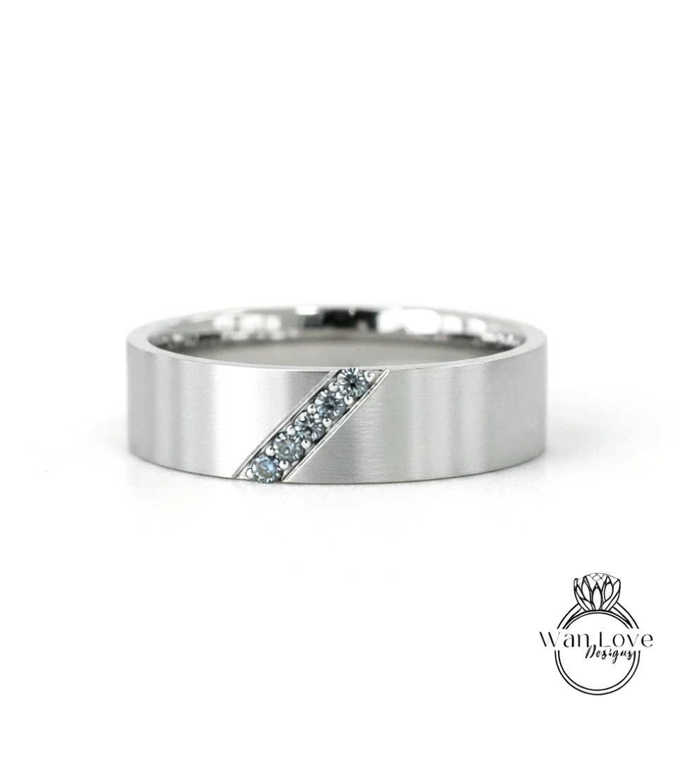 Diagonal Men's Sapphire Ring - Sapphire Ring Men - Diamonds Wedding Band - 5mm Band Moissanite - Unique Mens Band - 14k Gold - Ring For Men