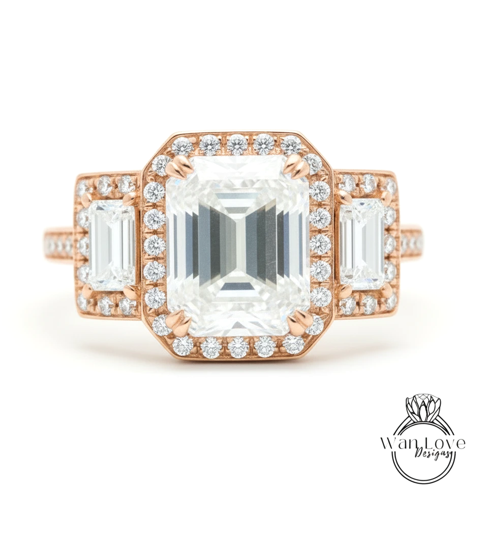 A close-up of a beautiful engagement ring with a large central diamond surrounded by smaller diamonds on the sides.