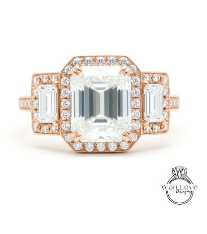 A close-up of a beautiful engagement ring with a large central diamond surrounded by smaller diamonds on the sides.