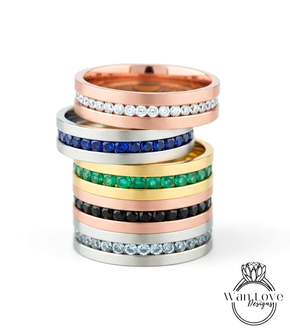 Diamond Mens Wedding Band, Middle row gems Cigar Band, 14k White Rose Gold Ring, Mens Band, Mans Birthstone Commitment Band