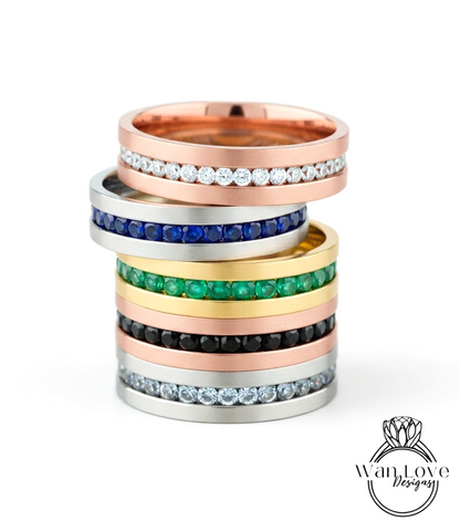 Diamond Mens Wedding Band, Middle row gems Cigar Band, 14k White Rose Gold Ring, Mens Band, Mans Birthstone Commitment Band