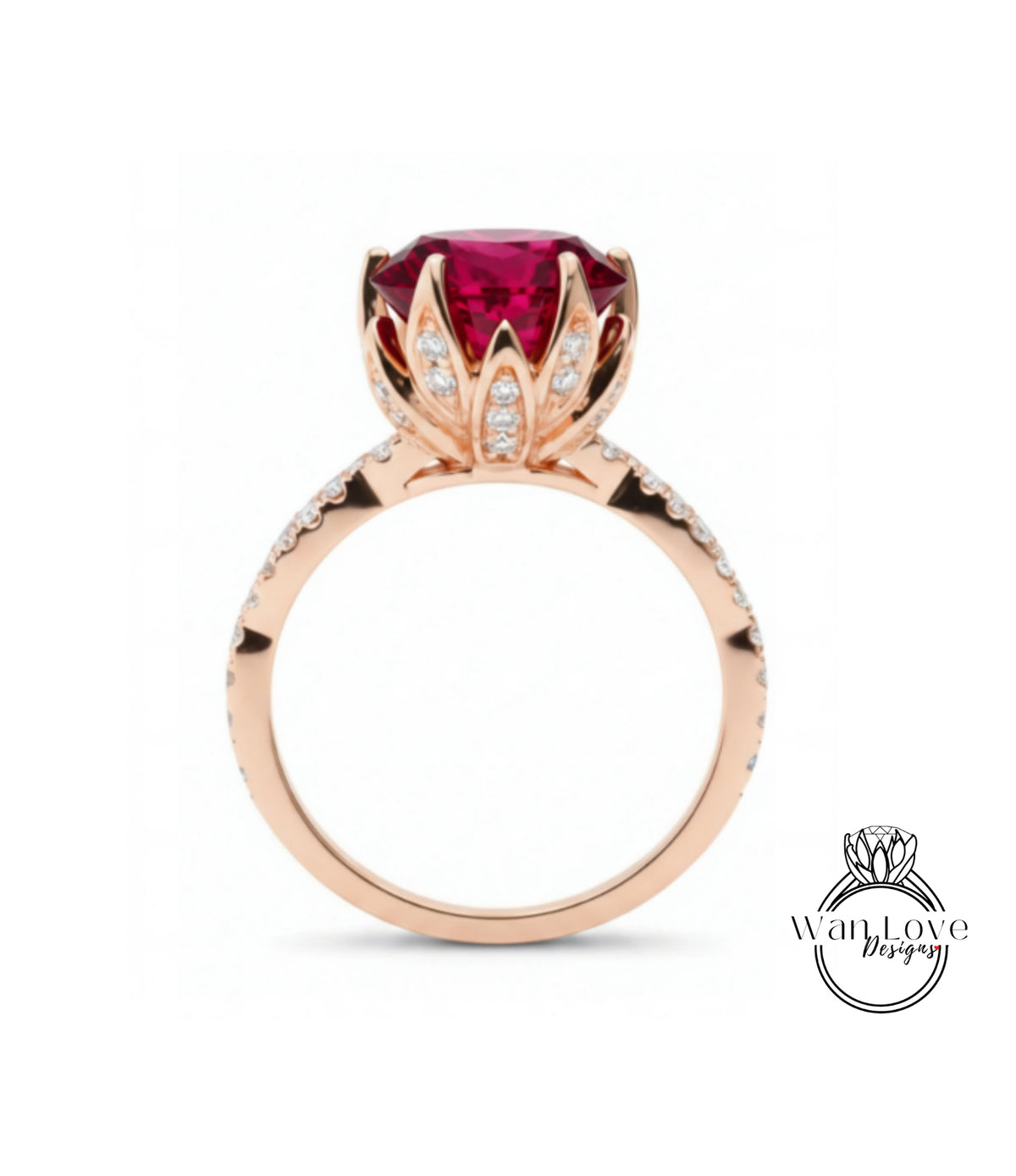 A rose gold ring with a large, deep red gemstone at the center, surrounded by small diamonds.