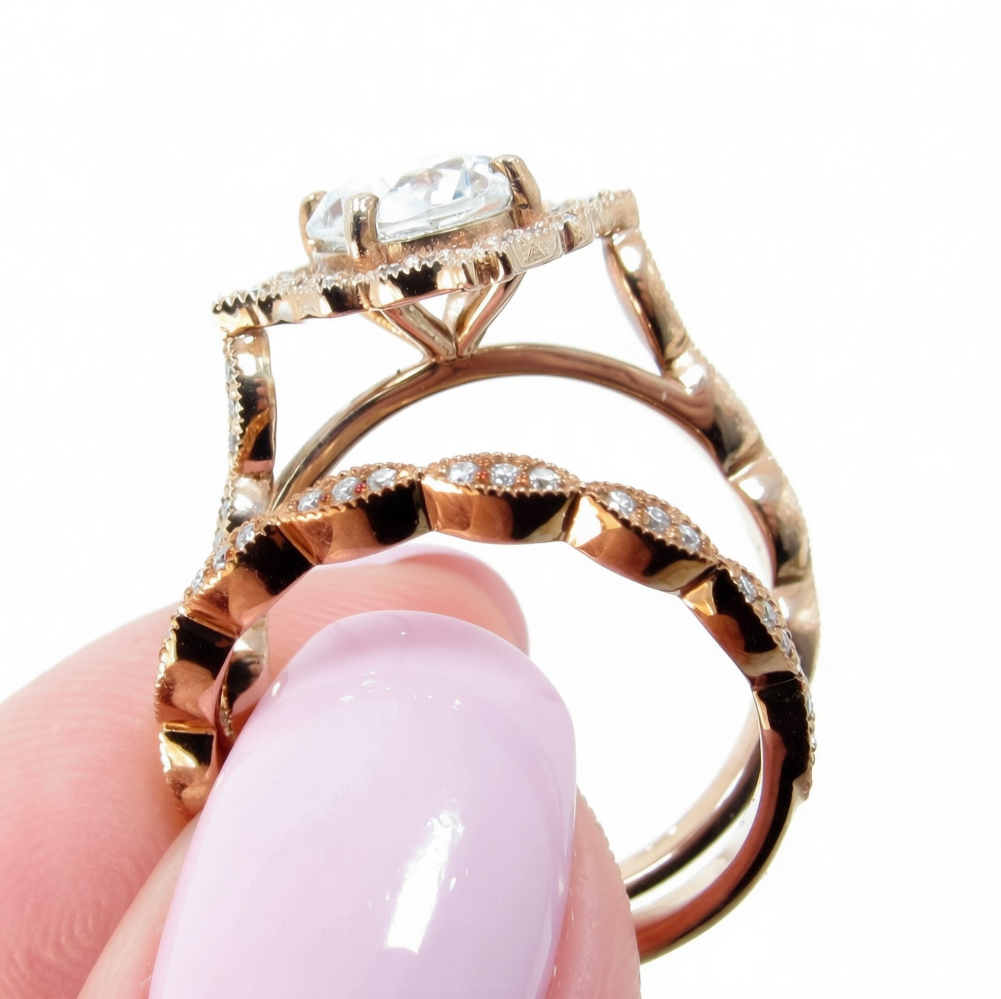 White Sapphire vintage engagement ring set Rose gold moissanite halo ring Antique almost eternity matching wedding band Bridal Promise Ready