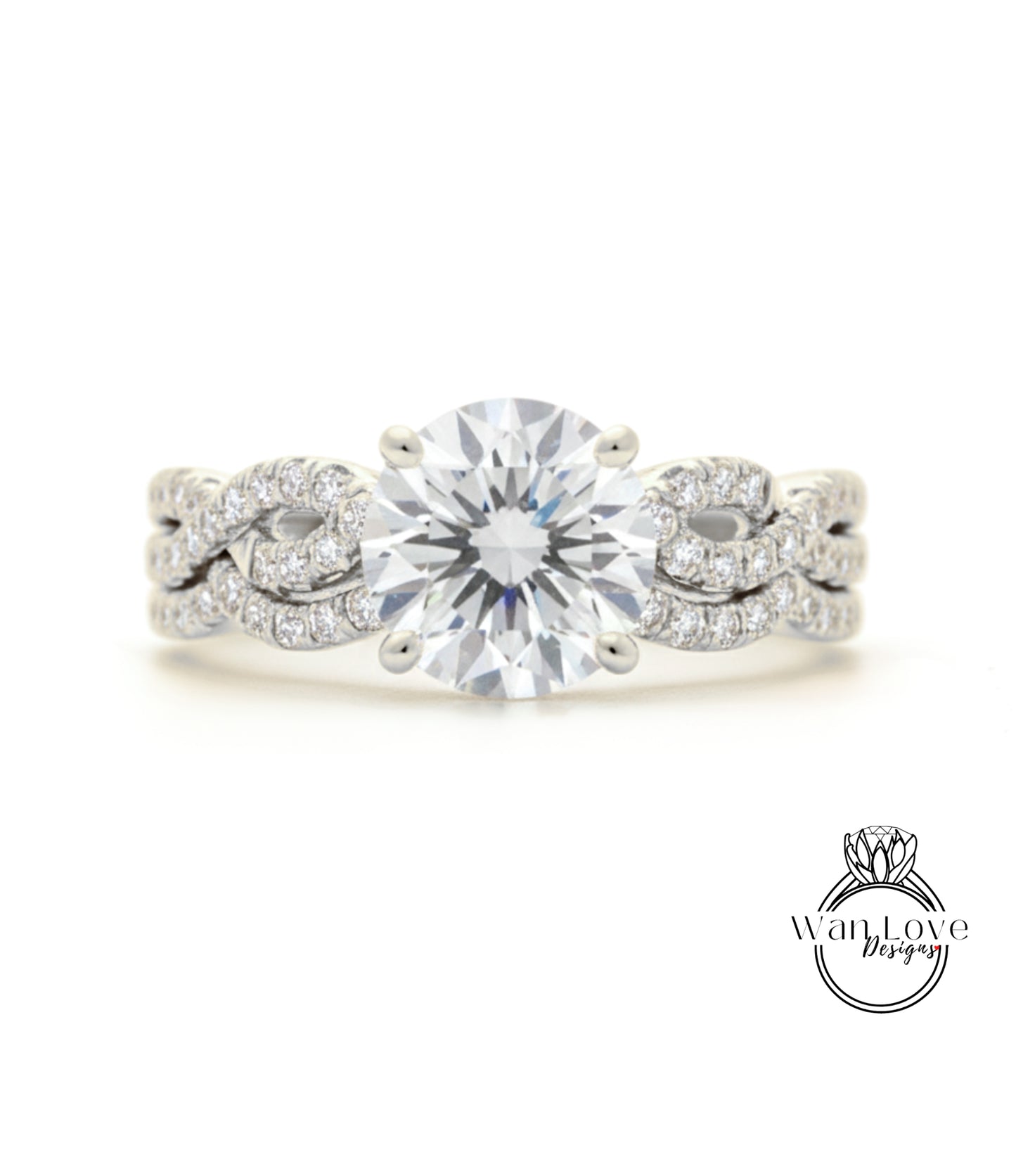 A close-up of a diamond engagement ring with a large central diamond surrounded by smaller diamonds set in a twisted metal band.