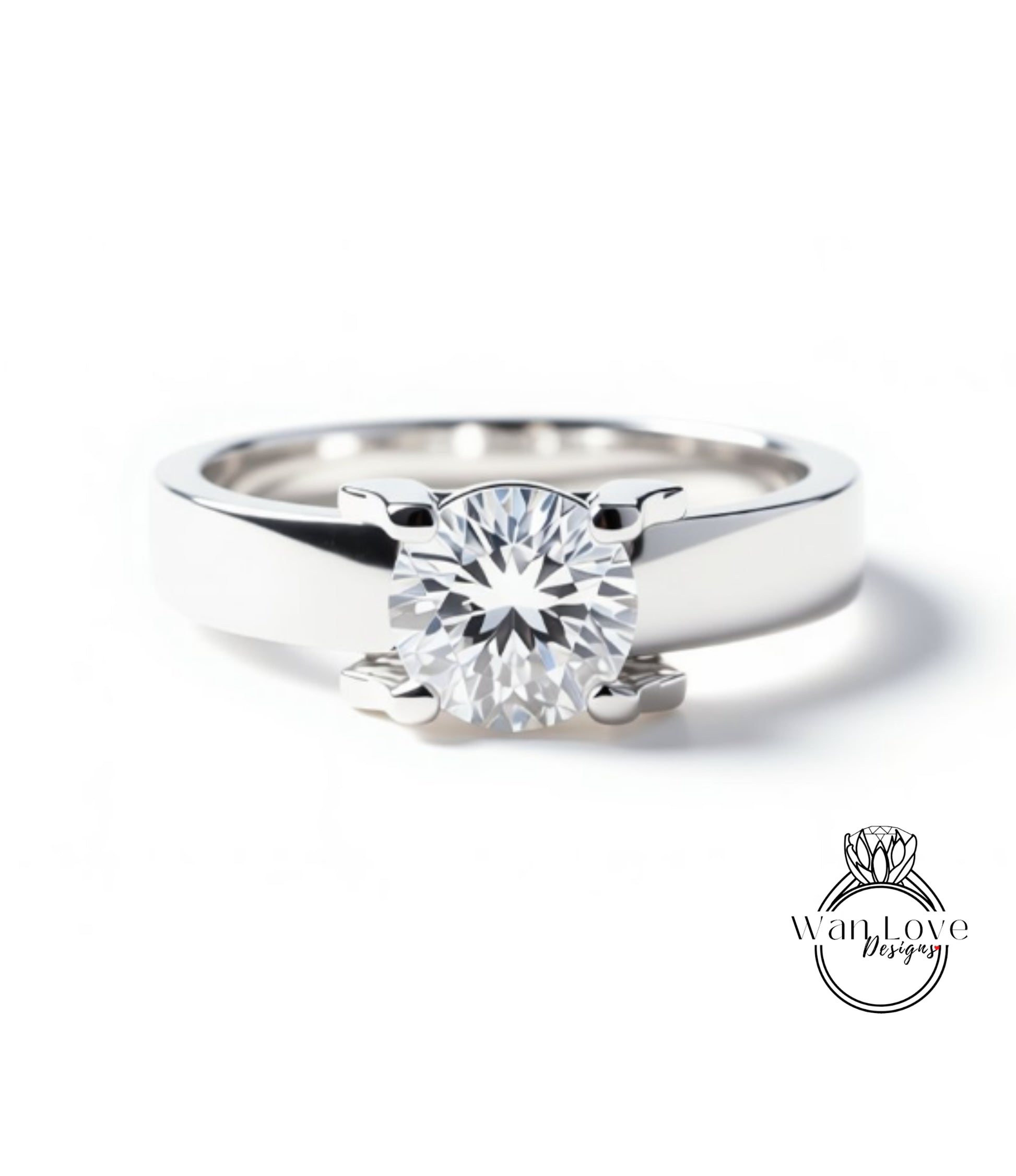 A close-up view of a silver ring with a large, round diamond set in the center.