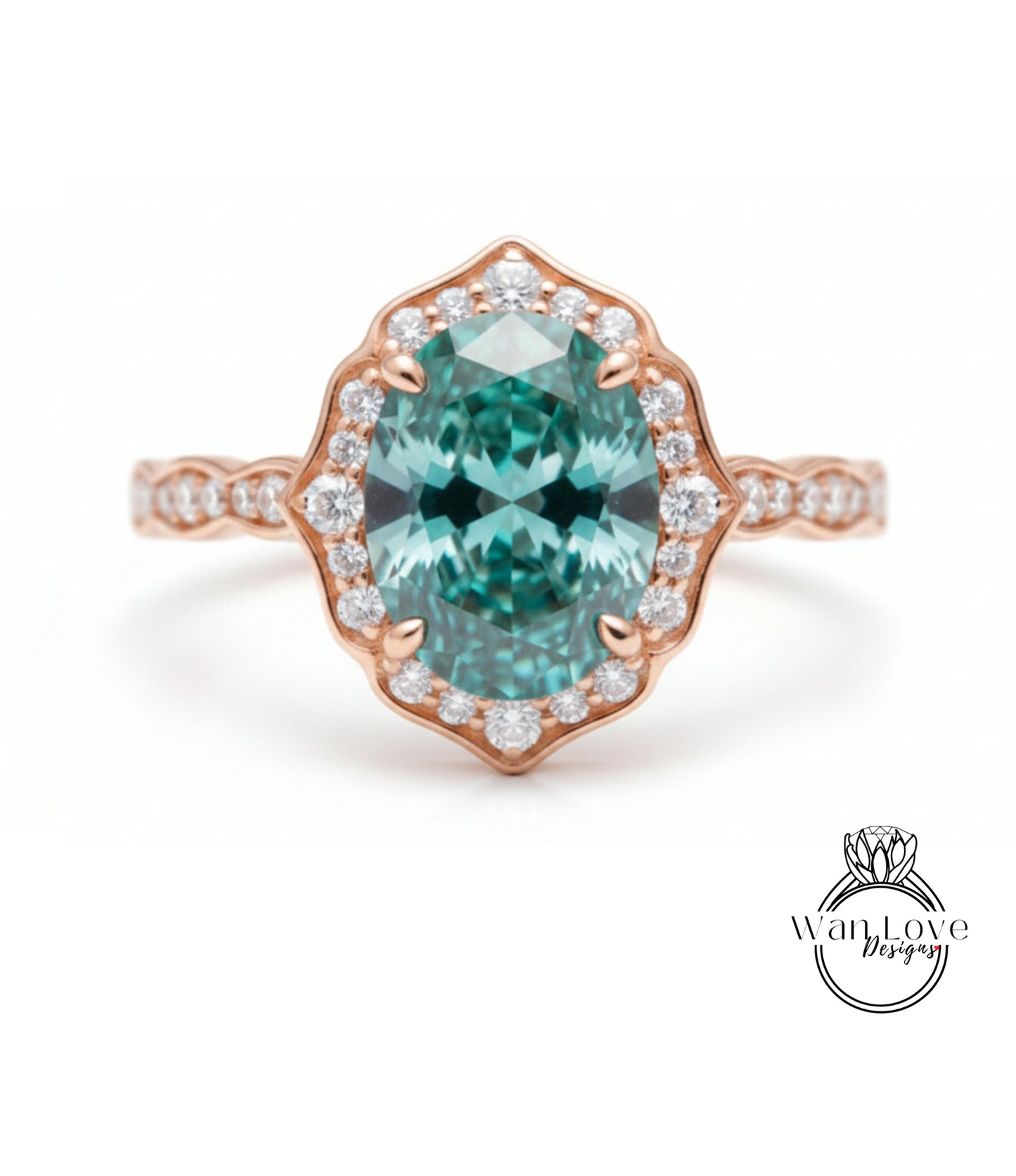 a beautiful ring with a large oval-shaped gemstone set in a rose gold band, surrounded by smaller diamonds.