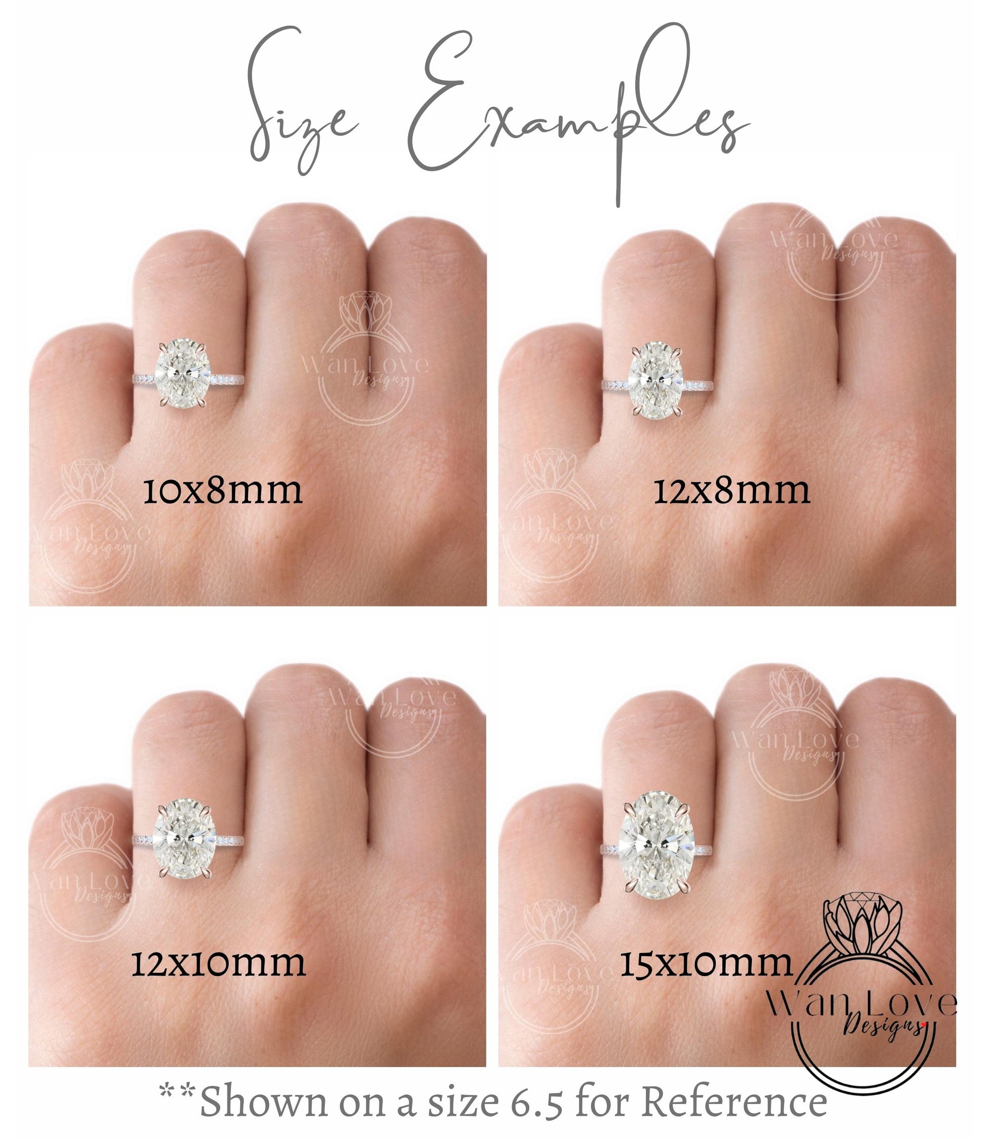 four different sizes of diamond engagement rings on a person's hand, ranging from 10x8mm to 12x10mm.