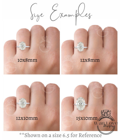 four different sizes of diamond engagement rings on a person's hand, ranging from 10x8mm to 12x10mm.