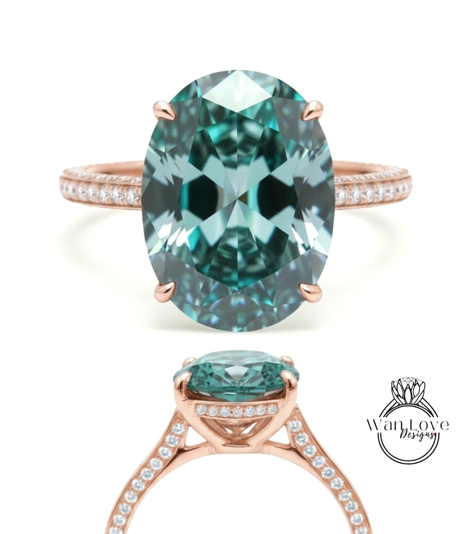 a large, oval-shaped blue gemstone set in a rose gold ring with a thin gold band and small diamonds.