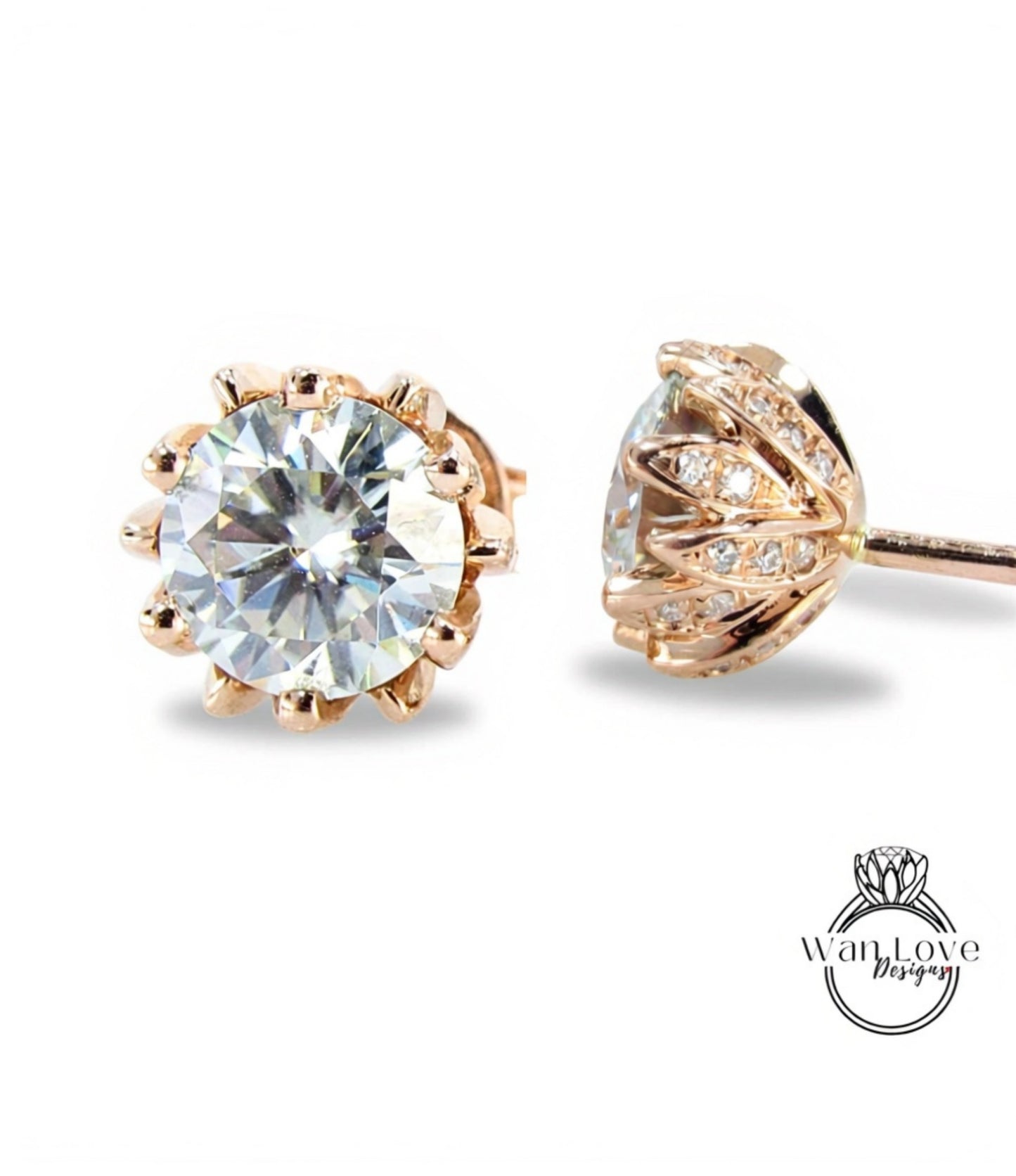 2ct Lotus Flower Moissanite flower earrings 6 prong moissanite white Gold Screwback earrings bridal wedding anniversary jewelry gift for her Wan Love Designs