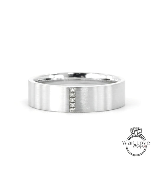 Solid gold men band flat wedding band Vintage Art deco Saphire band 14k solid white gold wedding band unique Bridal ring Anniversary Gift