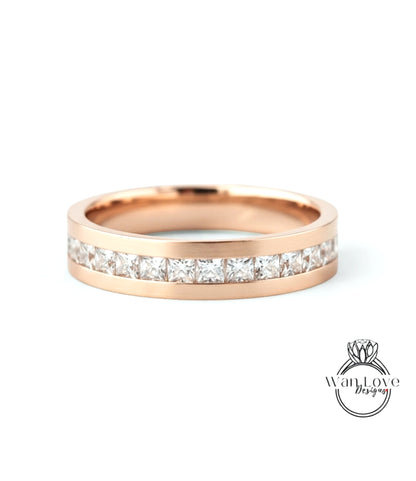 Mens Moissanite Diamond Wedding Band, Channel Princess cut Mens Wedding Band, Solid Gold Wedding Ring, His Wedding Band, Mens Promise Band