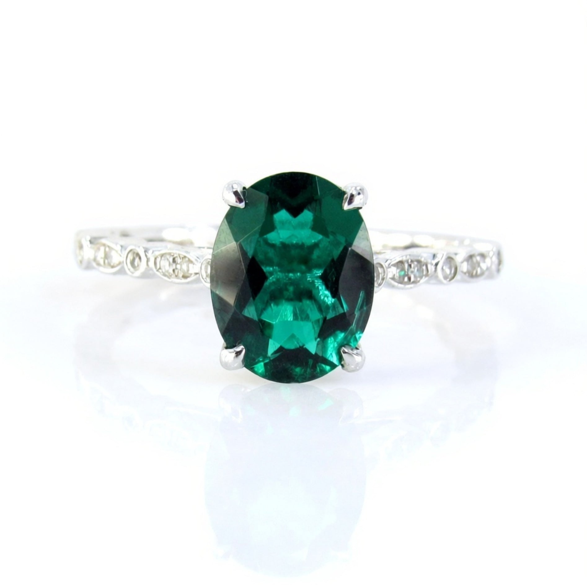 3ct Vintage Oval Emerald Diamonds Scalloped Art Deco Solitaire Engagement Ring, 18k White Gold Ring, Ready to Ship Ring