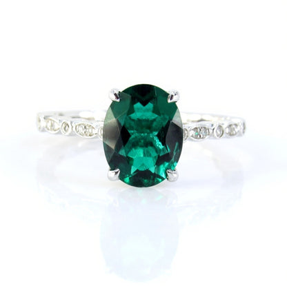 3ct Vintage Oval Emerald Diamonds Scalloped Art Deco Solitaire Engagement Ring, 18k White Gold Ring, Ready to Ship Ring