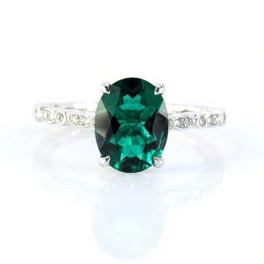 3ct Vintage Oval Emerald Diamonds Scalloped Art Deco Solitaire Engagement Ring, 18k White Gold Ring, Ready to Ship Ring
