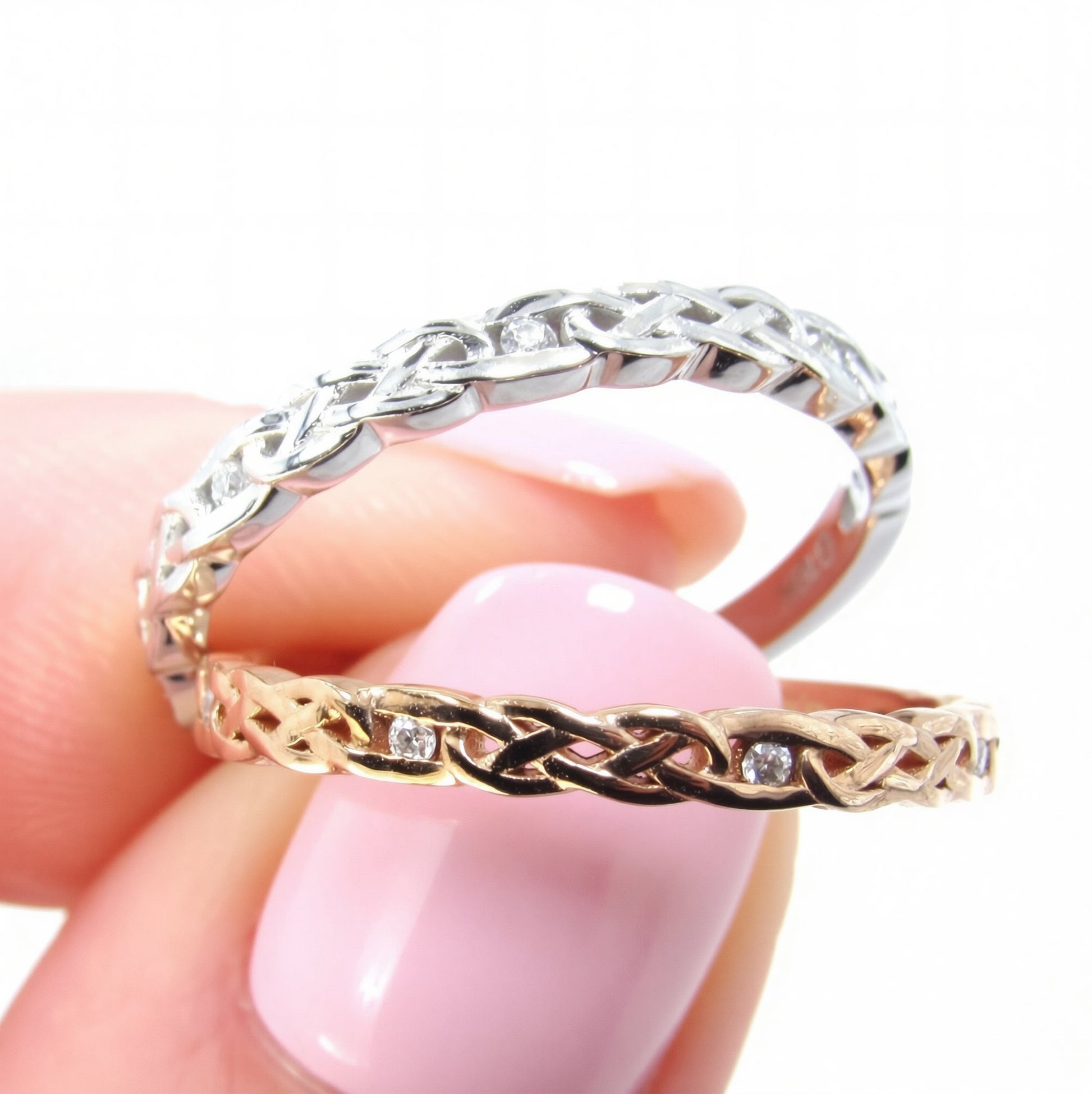 Moissanite Celtic Knot Braided Infinity Twist Split Shank womans Wedding Band Ring Rose or White Gold Custom Anniversary Gift Ready to Ship Wan Love Designs