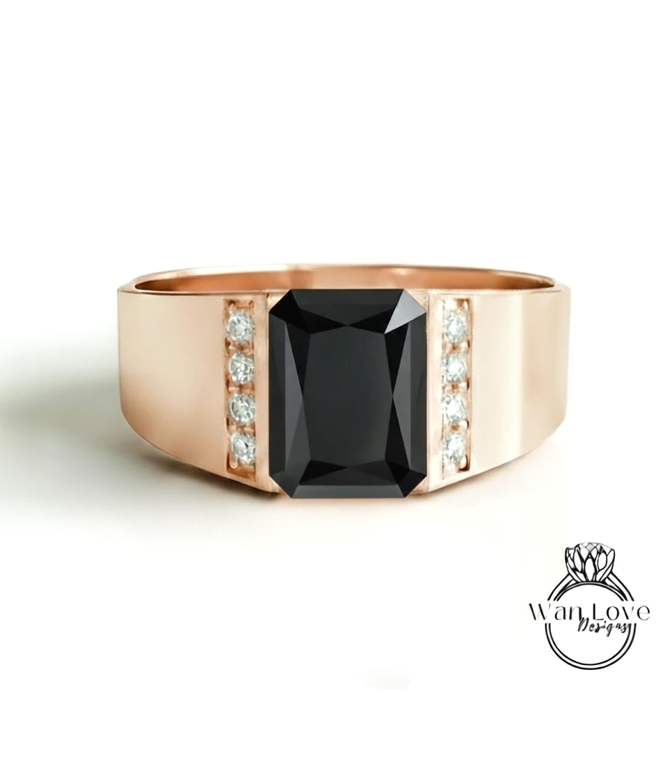 Fede nuziale da uomo in spinello nero | Fascia da uomo in oro bianco smeraldo da 2 ct | Fede nuziale con diamante nero taglio smeraldo | La sua fede nuziale con la pietra portafortuna