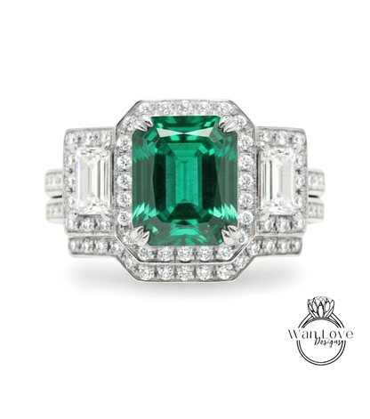A stunning engagement ring featuring a large, vibrant green gemstone surrounded by a halo of sparkling diamonds.