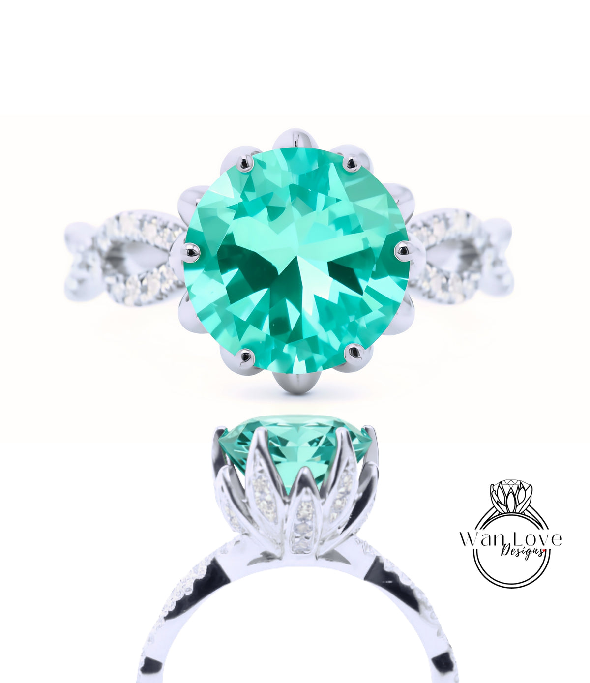 A close-up view of a silver ring with a large, round, turquoise gemstone at the center. The ring is adorned with smaller diamonds around the gemstone, creating a sparkling effect.